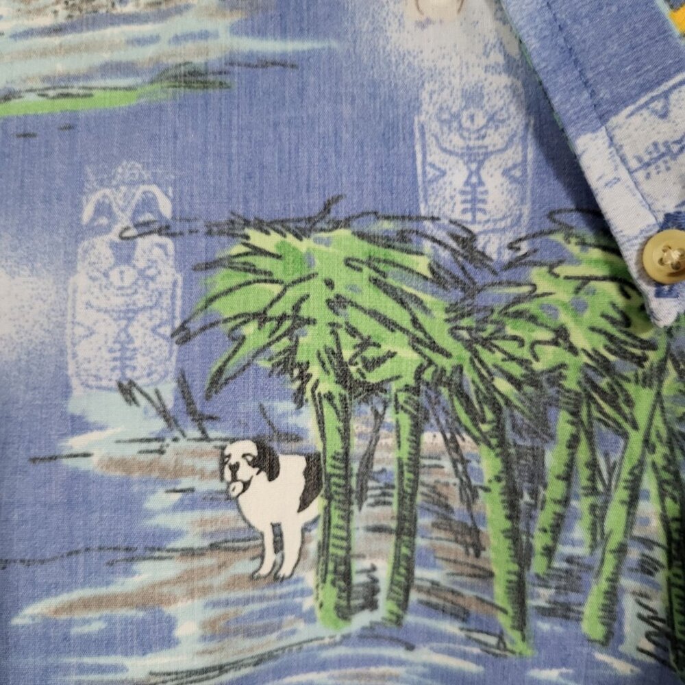 Big Dogs Mens SZ LG Hawaiian Button Down Shirt Tiki Palm Blue - Picture 5 of 8